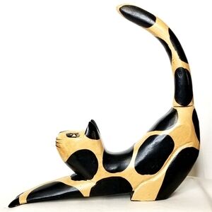 Vintage Black and Brown Wooden Stretching Cat Sculpture Figurine